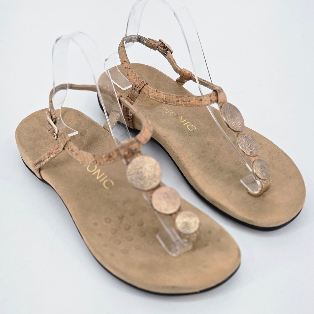 Vionic Lizbeth Cork Gold Metallic Coin Orthotic T-Strap Slingback Sandals 8 39